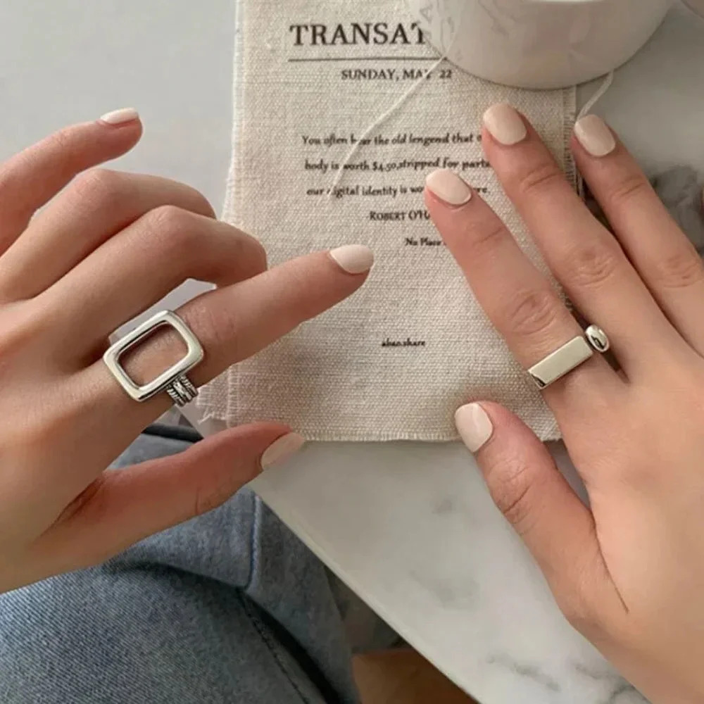 Minimalist 925 Sterling Silver Chunky Bar Ring Geometric Rectangle Ring